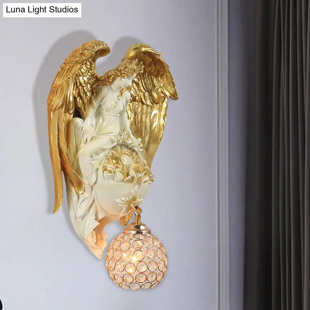 Aplique de pared clásico de cristal con forma de gota de agua, diseño de ángel y flor - Acabado dorado/oro oscuro