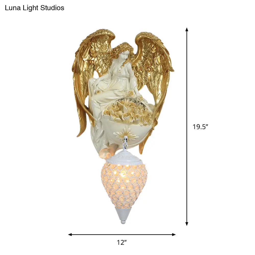 Aplique de pared clásico de cristal con forma de gota de agua, diseño de ángel y flor - Acabado dorado/oro oscuro
