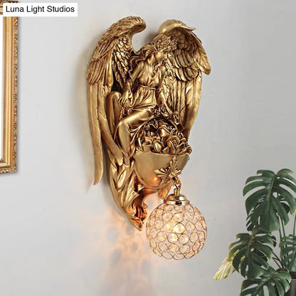 Aplique de pared clásico de cristal con forma de gota de agua, diseño de ángel y flor - Acabado dorado/oro oscuro