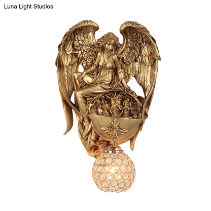 Aplique de pared clásico de cristal con forma de gota de agua, diseño de ángel y flor - Acabado dorado/oro oscuro