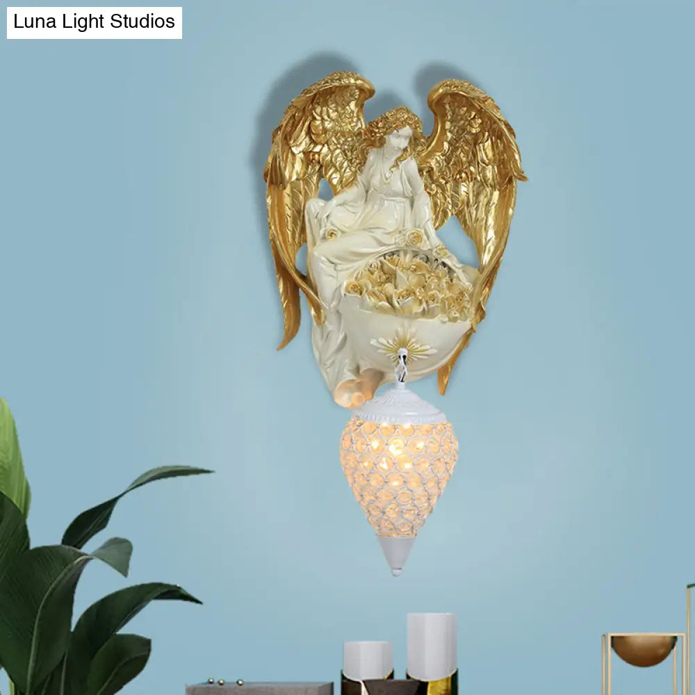 Aplique de pared clásico de cristal con forma de gota de agua, diseño de ángel y flor - Acabado dorado/oro oscuro