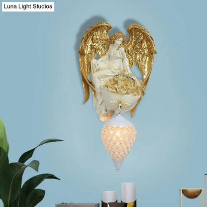 Aplique de pared clásico de cristal con forma de gota de agua, diseño de ángel y flor - Acabado dorado/oro oscuro