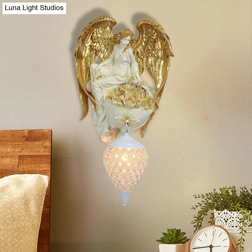 Aplique de pared clásico de cristal con forma de gota de agua, diseño de ángel y flor - Acabado dorado/oro oscuro