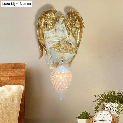 Aplique de pared clásico de cristal con forma de gota de agua, diseño de ángel y flor - Acabado dorado/oro oscuro