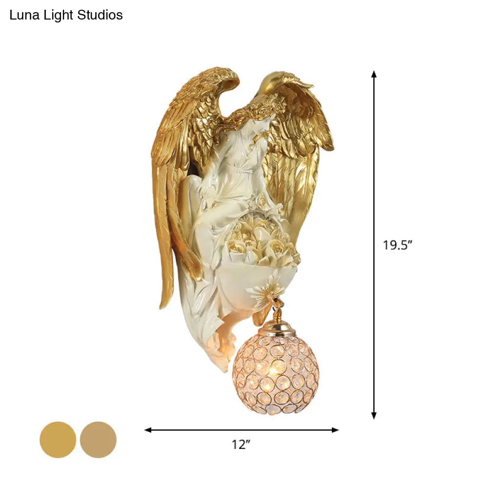 Aplique de pared clásico de cristal con forma de gota de agua, diseño de ángel y flor - Acabado dorado/oro oscuro