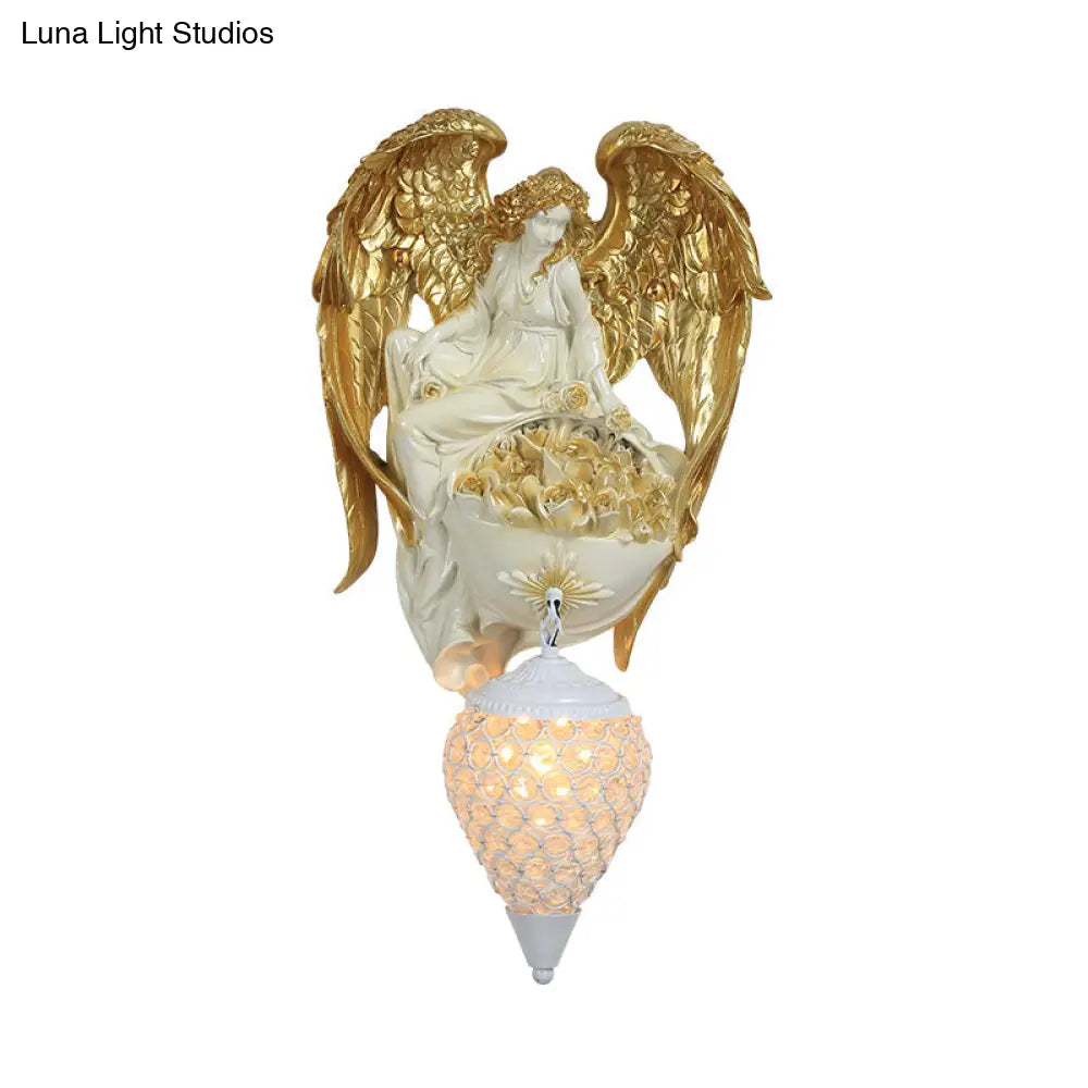 Aplique de pared clásico de cristal con forma de gota de agua, diseño de ángel y flor - Acabado dorado/oro oscuro