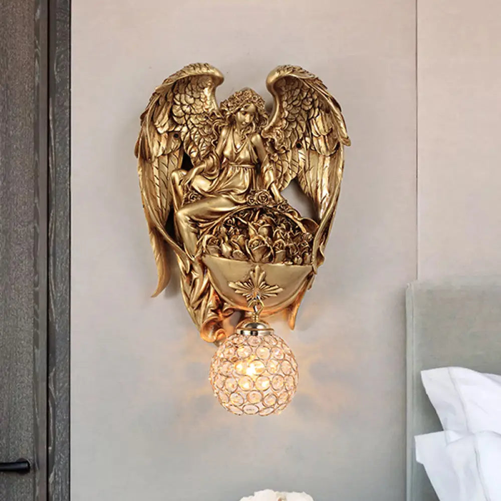 Aplique de pared clásico de cristal con forma de gota de agua, diseño de ángel y flor - Acabado dorado/oro oscuro