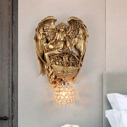Aplique de pared clásico de cristal con forma de gota de agua, diseño de ángel y flor - Acabado dorado/oro oscuro