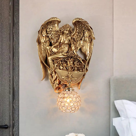 Aplique de pared clásico de cristal con forma de gota de agua, diseño de ángel y flor - Acabado dorado/oro oscuro