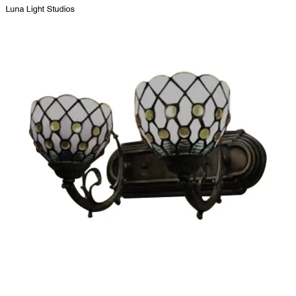 Classic Tiffany Domed Wall Sconce Lamp in Red/Yellow for Hotel with Stained Glass and 2 Bead Heads