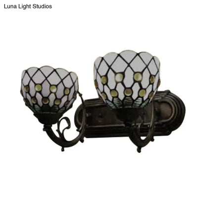 Classic Tiffany Domed Wall Sconce Lamp in Red/Yellow for Hotel with Stained Glass and 2 Bead Heads