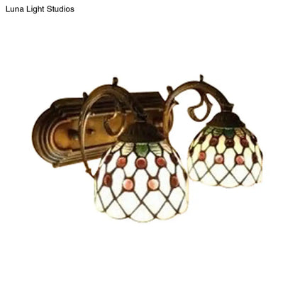 Classic Tiffany Domed Wall Sconce Lamp in Red/Yellow for Hotel with Stained Glass and 2 Bead Heads