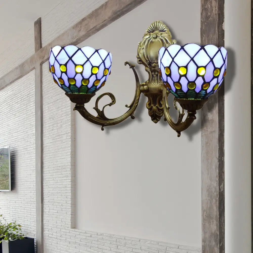 Classic Tiffany Stained Glass Domed Wall Sconce with 2 Lights - Blue Lattice Design for Bar