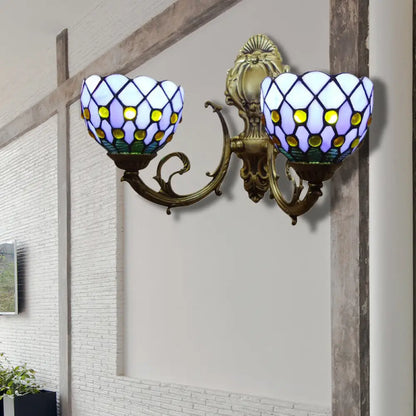 Classic Tiffany Stained Glass Domed Wall Sconce with 2 Lights - Blue Lattice Design for Bar