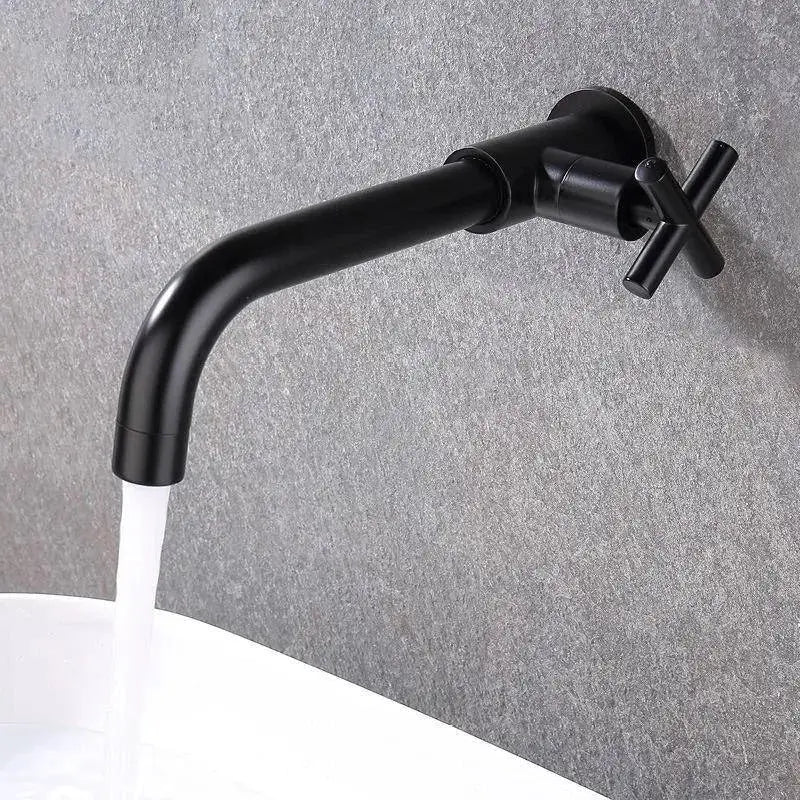 Classic wall-mounted matt black bathroom faucet with ceramic plate spool and brass valve core featuring curved spout and cross handles