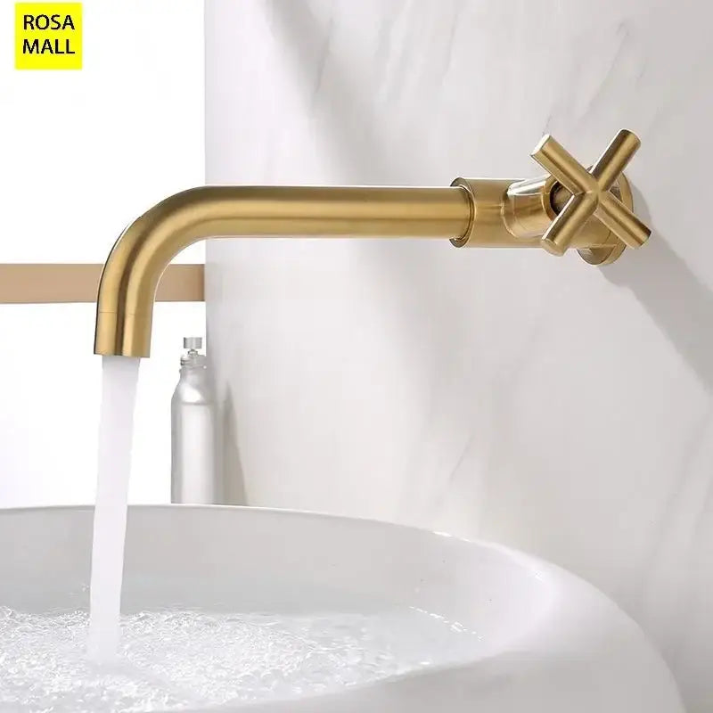 Classic wall-mounted gold faucet with brass valve core ceramic plate spool and cross-shaped handle in sleek modern design