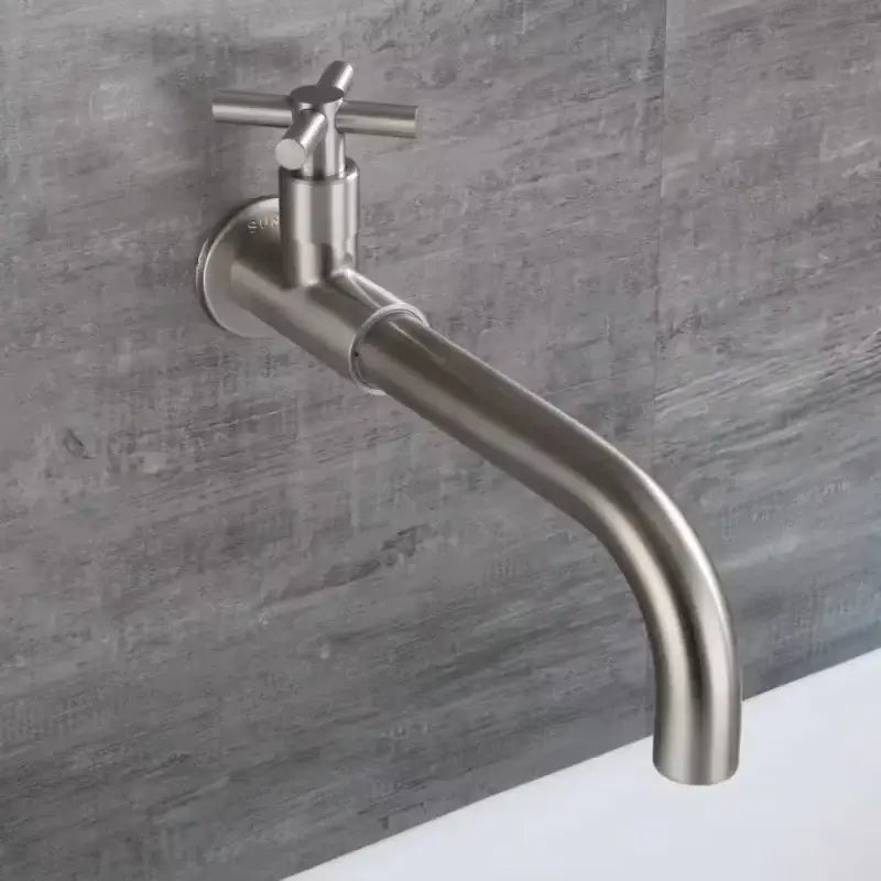 Stainless steel classic wall-mounted bathroom faucet with cross-handle, curved spout, and ceramic plate spool