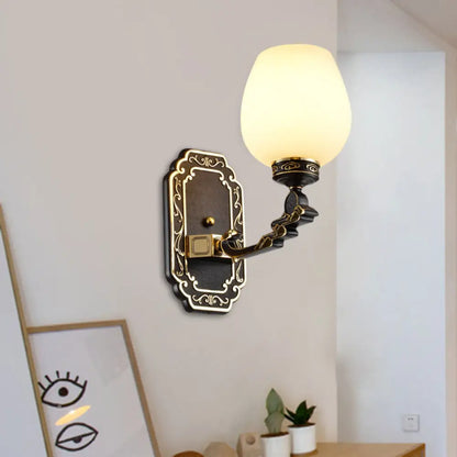 Classic Wall Sconce: 1-Head Cup-like Design with Cream Glass Etching, Black Mount and Wall Mounted Lighting
