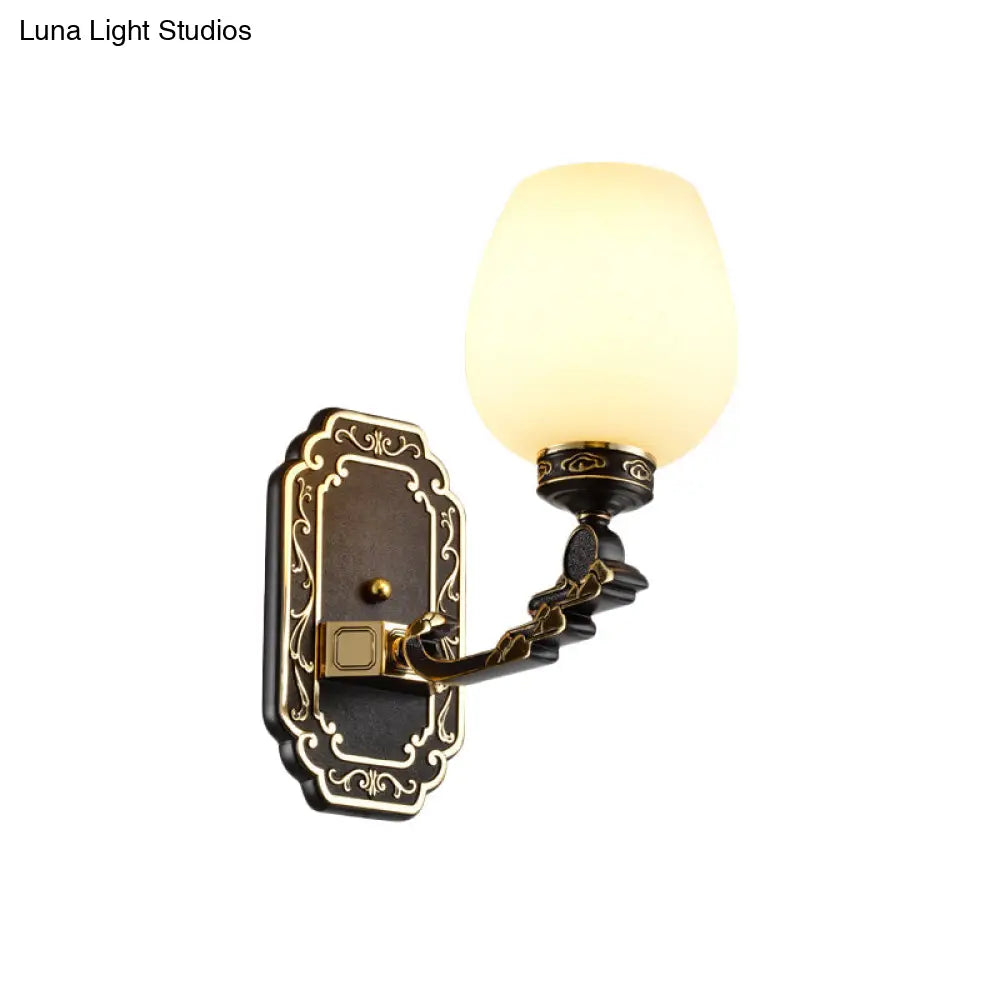 Classic Wall Sconce: 1-Head Cup-like Design with Cream Glass Etching, Black Mount and Wall Mounted Lighting