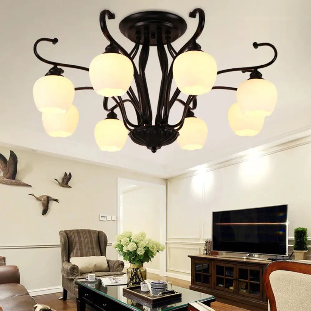 DecorBites™ Classic White Glass Flower Shape Semi Flush Light for Living Room - 3/6/8 Lights - Black Ceiling Lighting