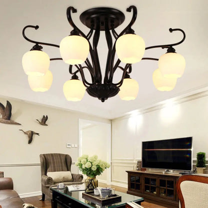 DecorBites™ Classic White Glass Flower Shape Semi Flush Light for Living Room - 3/6/8 Lights - Black Ceiling Lighting