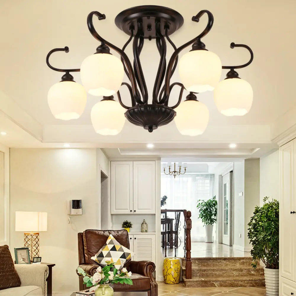 DecorBites™ Classic White Glass Flower Shape Semi Flush Light for Living Room - 3/6/8 Lights - Black Ceiling Lighting