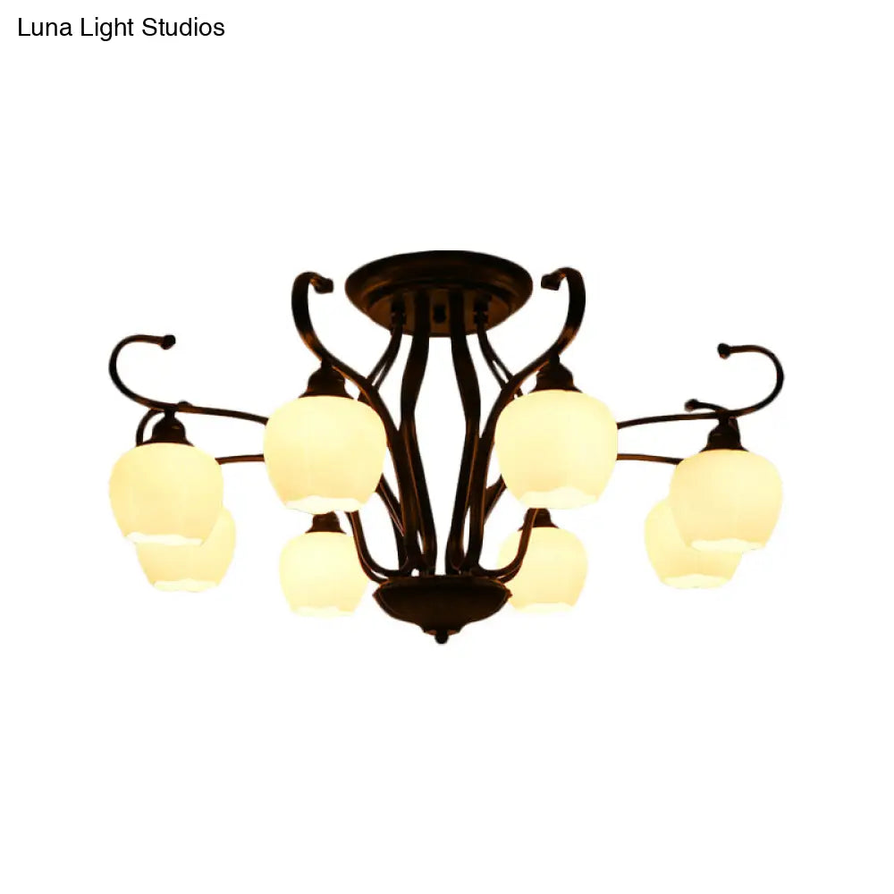 DecorBites™ Classic White Glass Flower Shape Semi Flush Light for Living Room - 3/6/8 Lights - Black Ceiling Lighting