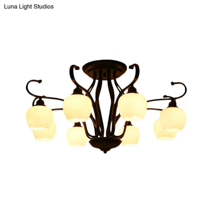 DecorBites™ Classic White Glass Flower Shape Semi Flush Light for Living Room - 3/6/8 Lights - Black Ceiling Lighting