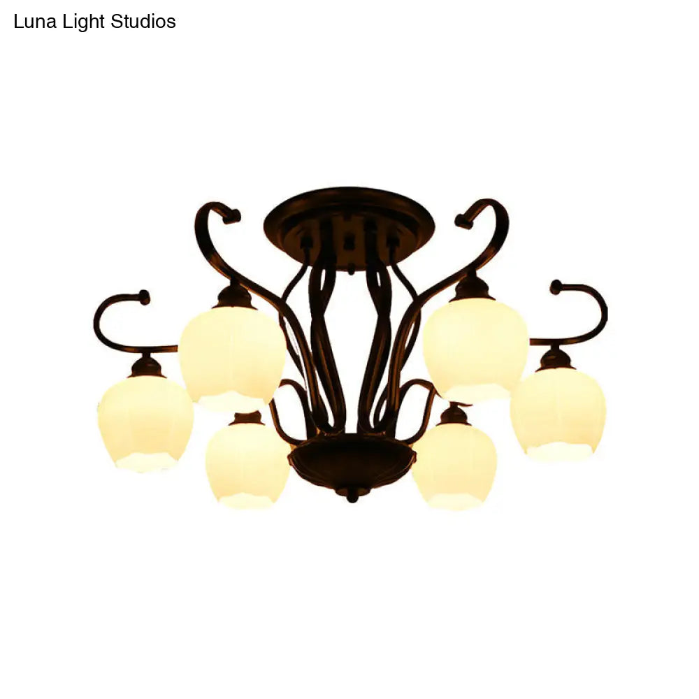 DecorBites™ Classic White Glass Flower Shape Semi Flush Light for Living Room - 3/6/8 Lights - Black Ceiling Lighting