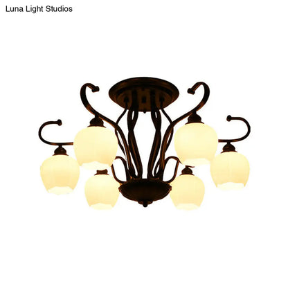 DecorBites™ Classic White Glass Flower Shape Semi Flush Light for Living Room - 3/6/8 Lights - Black Ceiling Lighting