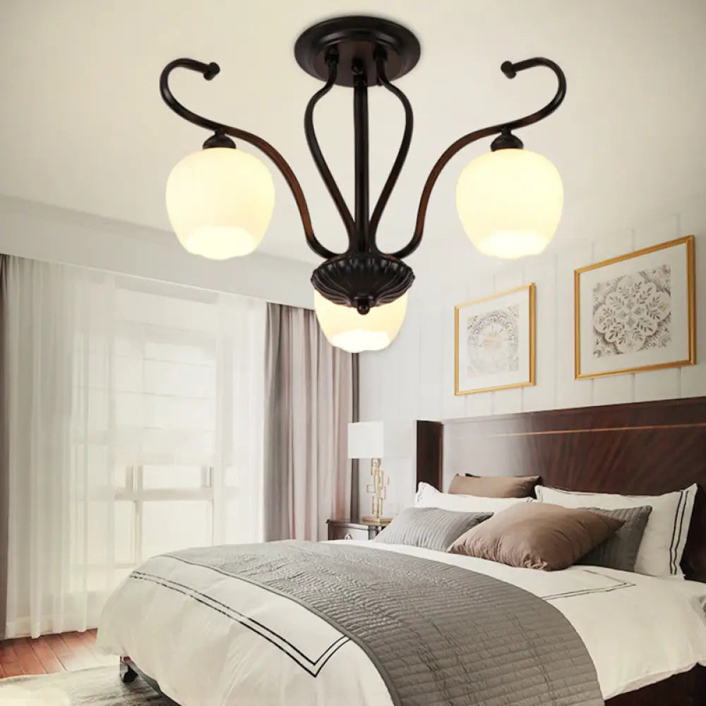 DecorBites™ Classic White Glass Flower Shape Semi Flush Light for Living Room - 3/6/8 Lights - Black Ceiling Lighting
