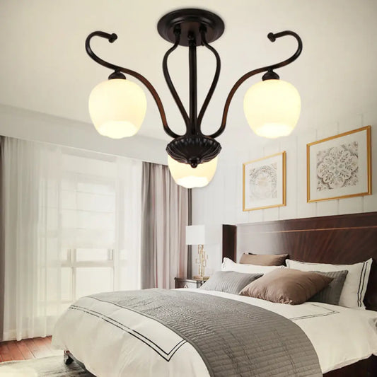 DecorBites™ Classic White Glass Flower Shape Semi Flush Light for Living Room - 3/6/8 Lights - Black Ceiling Lighting