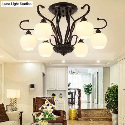 DecorBites™ Classic White Glass Flower Shape Semi Flush Light for Living Room - 3/6/8 Lights - Black Ceiling Lighting