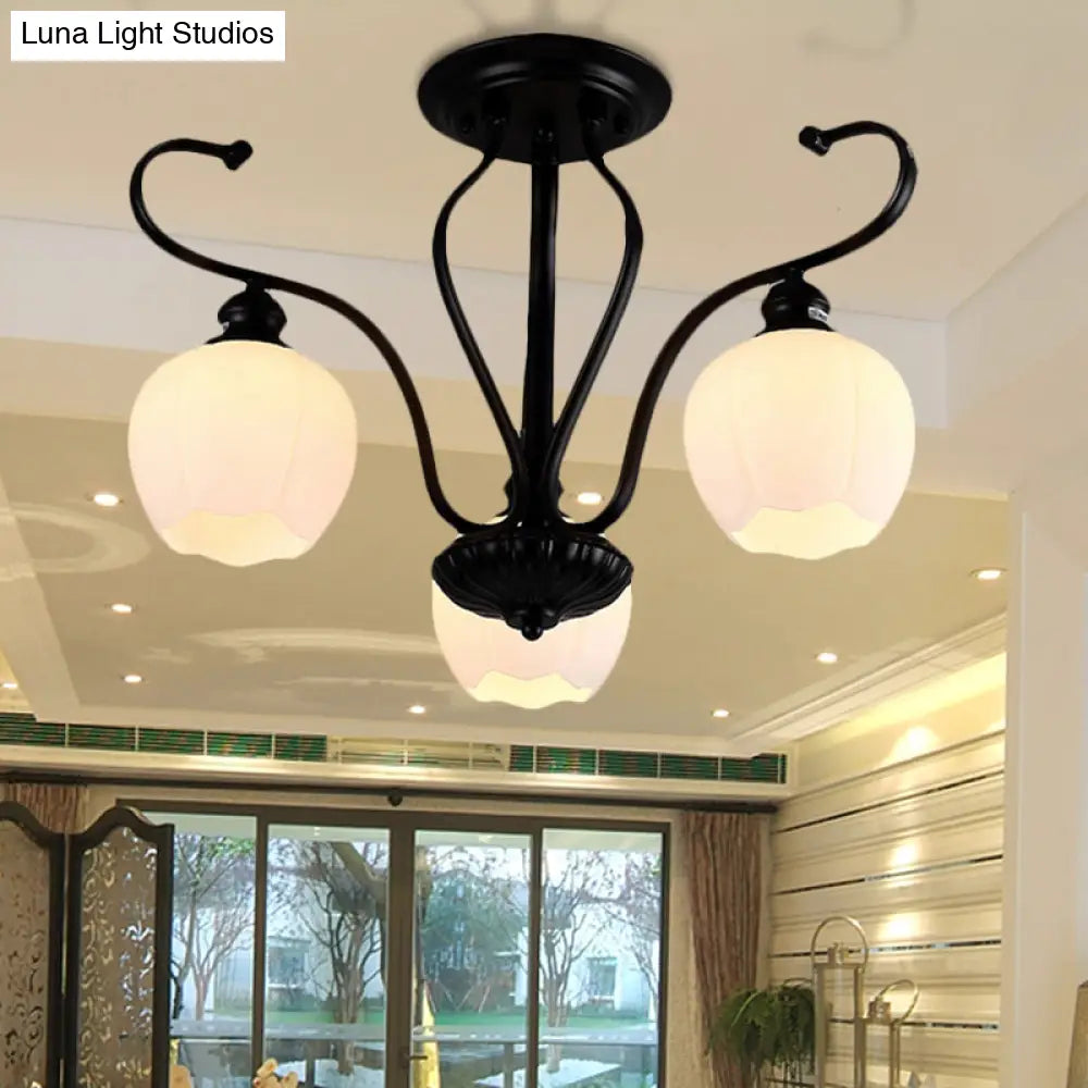 DecorBites™ Classic White Glass Flower Shape Semi Flush Light for Living Room - 3/6/8 Lights - Black Ceiling Lighting