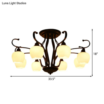 DecorBites™ Classic White Glass Flower Shape Semi Flush Light for Living Room - 3/6/8 Lights - Black Ceiling Lighting