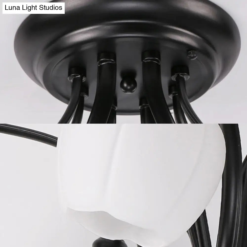 DecorBites™ Classic White Glass Flower Shape Semi Flush Light for Living Room - 3/6/8 Lights - Black Ceiling Lighting