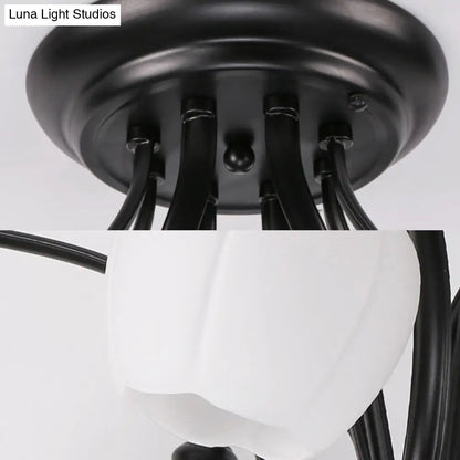 DecorBites™ Classic White Glass Flower Shape Semi Flush Light for Living Room - 3/6/8 Lights - Black Ceiling Lighting