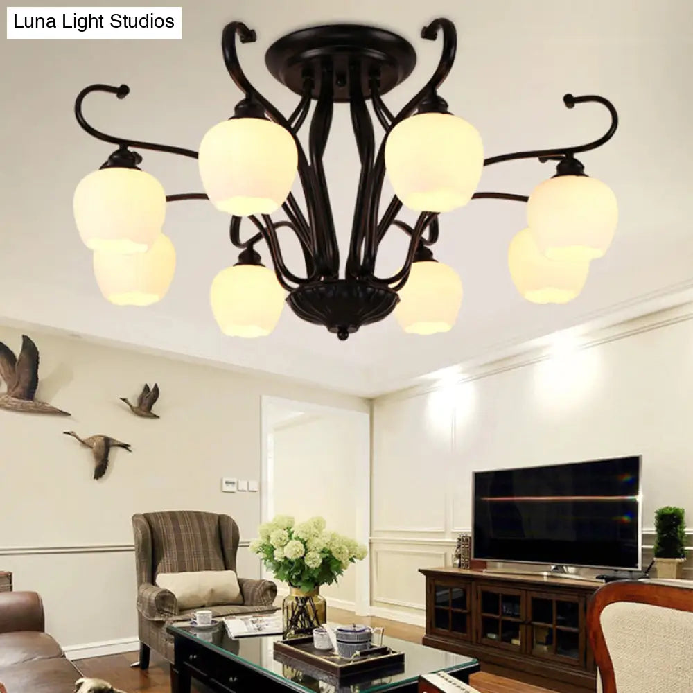 DecorBites™ Classic White Glass Flower Shape Semi Flush Light for Living Room - 3/6/8 Lights - Black Ceiling Lighting