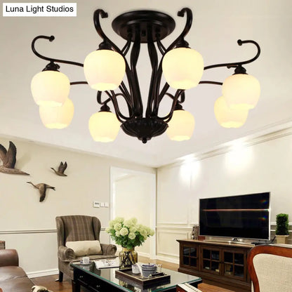 DecorBites™ Classic White Glass Flower Shape Semi Flush Light for Living Room - 3/6/8 Lights - Black Ceiling Lighting