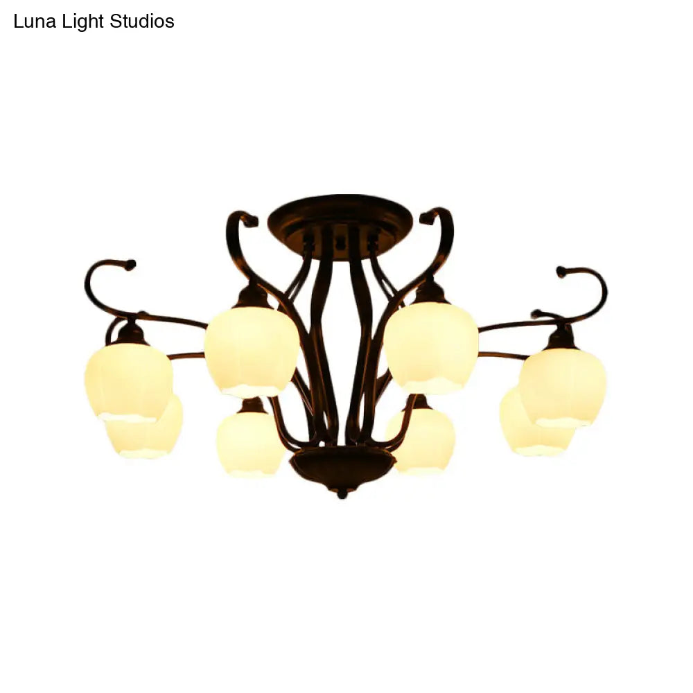 DecorBites™ Classic White Glass Flower Shape Semi Flush Light for Living Room - 3/6/8 Lights - Black Ceiling Lighting