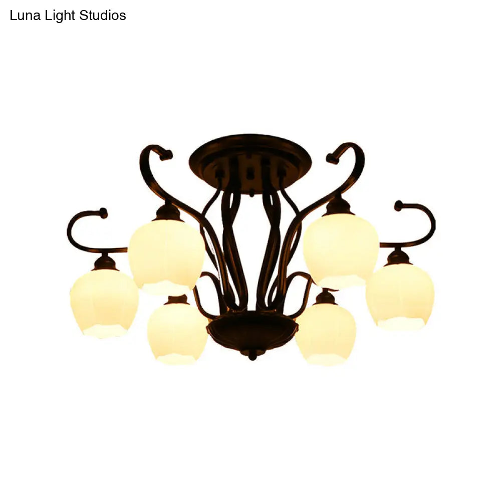 DecorBites™ Classic White Glass Flower Shape Semi Flush Light for Living Room - 3/6/8 Lights - Black Ceiling Lighting
