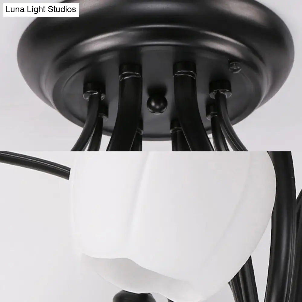 DecorBites™ Classic White Glass Flower Shape Semi Flush Light for Living Room - 3/6/8 Lights - Black Ceiling Lighting