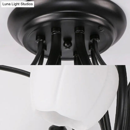 DecorBites™ Classic White Glass Flower Shape Semi Flush Light for Living Room - 3/6/8 Lights - Black Ceiling Lighting