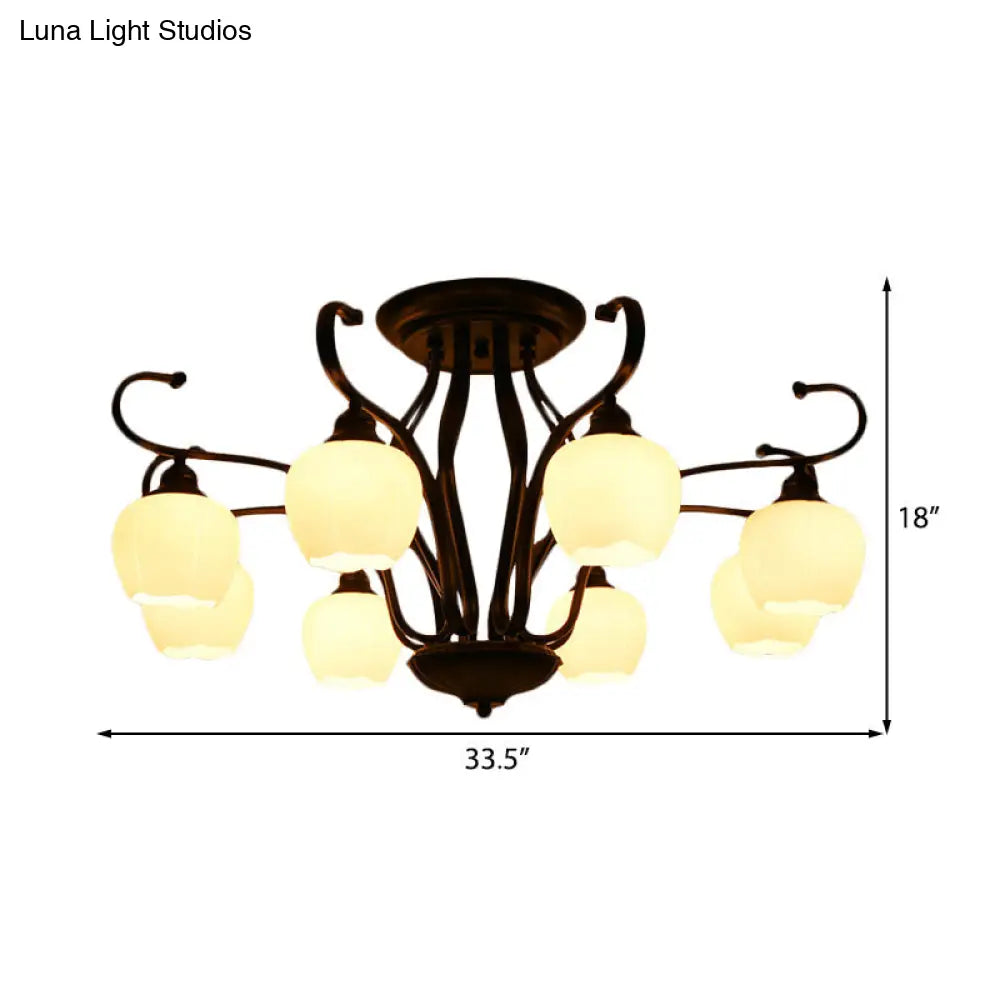DecorBites™ Classic White Glass Flower Shape Semi Flush Light for Living Room - 3/6/8 Lights - Black Ceiling Lighting