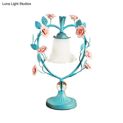 Classic White Glass Night Light with Heart Frame and Rose Design - Beige/Blue