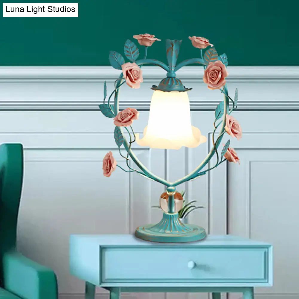 Classic White Glass Night Light with Heart Frame and Rose Design - Beige/Blue