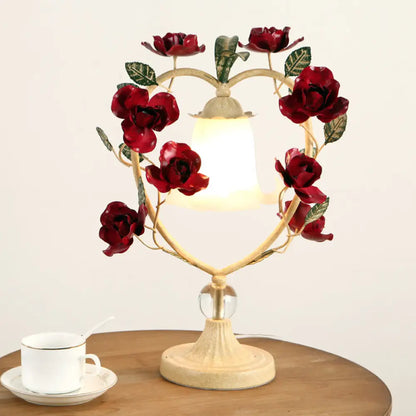 Classic White Glass Night Light with Heart Frame and Rose Design - Beige/Blue