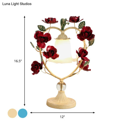 Classic White Glass Night Light with Heart Frame and Rose Design - Beige/Blue