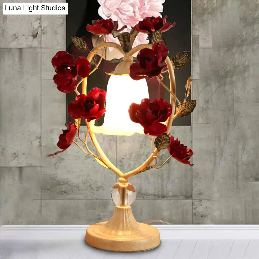 Classic White Glass Night Light with Heart Frame and Rose Design - Beige/Blue