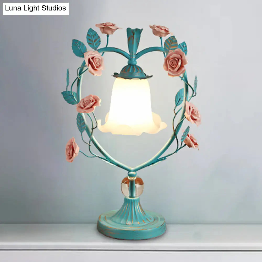 Classic White Glass Night Light with Heart Frame and Rose Design - Beige/Blue